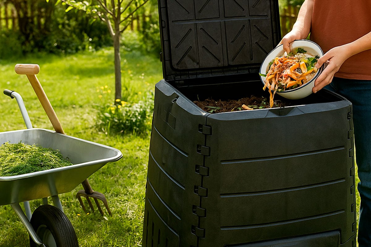 Komposti-astia ja kasvi symbolina kompostoitavalle jätteelle