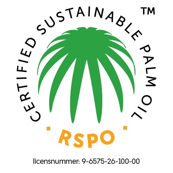RSPO-märkning föreställande grön palm för certifierad hållbar palmolja, och licensnummer 9-6575-26-100-00.