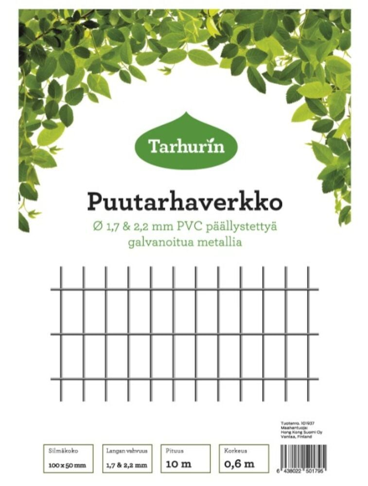 Vihreä muovipinnoitettu puutarhaverkko suorakulmaisilla silmukoilla.