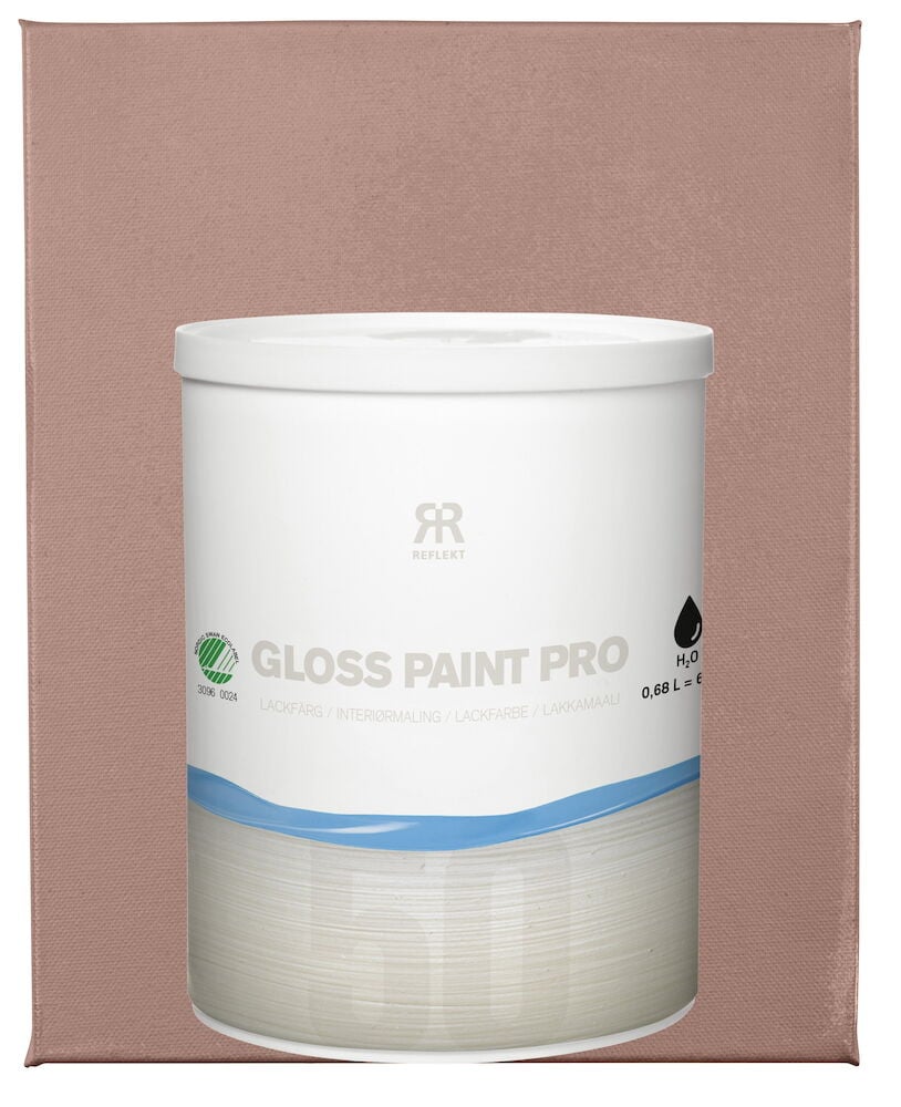 Valkoinen purkki puolikiiltävää vaaleanpunaista lakkamaalia koelaudan edessä.