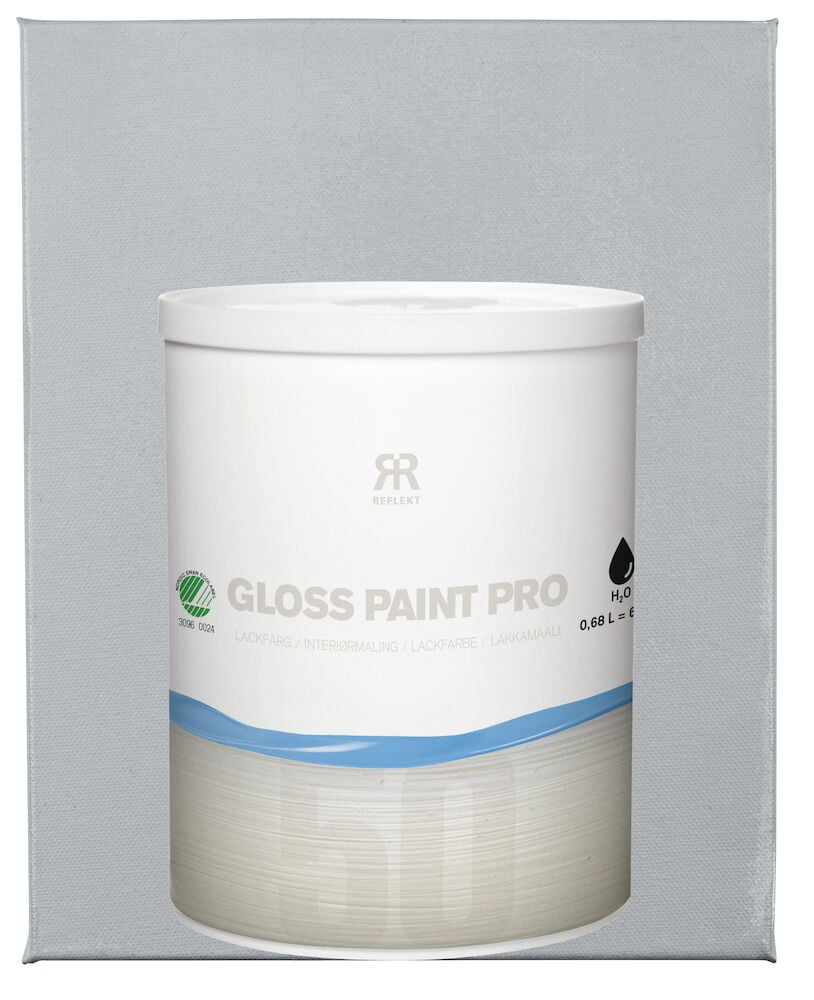 Valkoinen peltipurkki maalipurkki harmaata taustaa vasten.