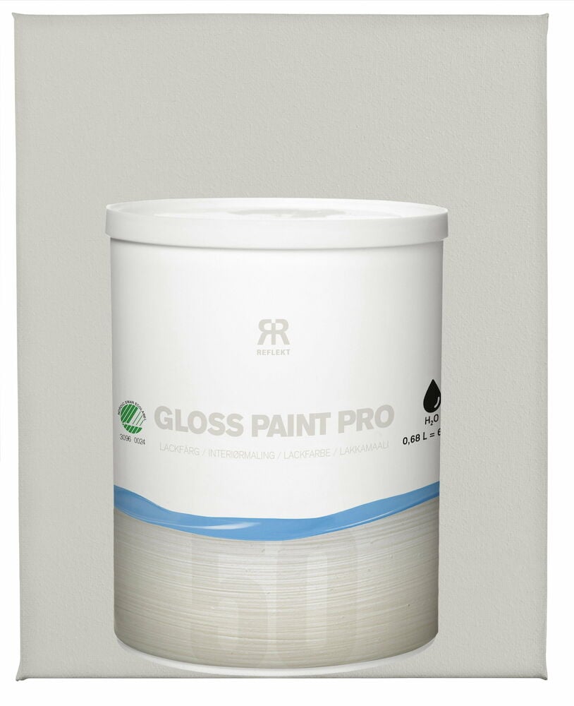 Valkoinen purkki puolikiiltävällä lakkamaalilla harmaalla taustalla.