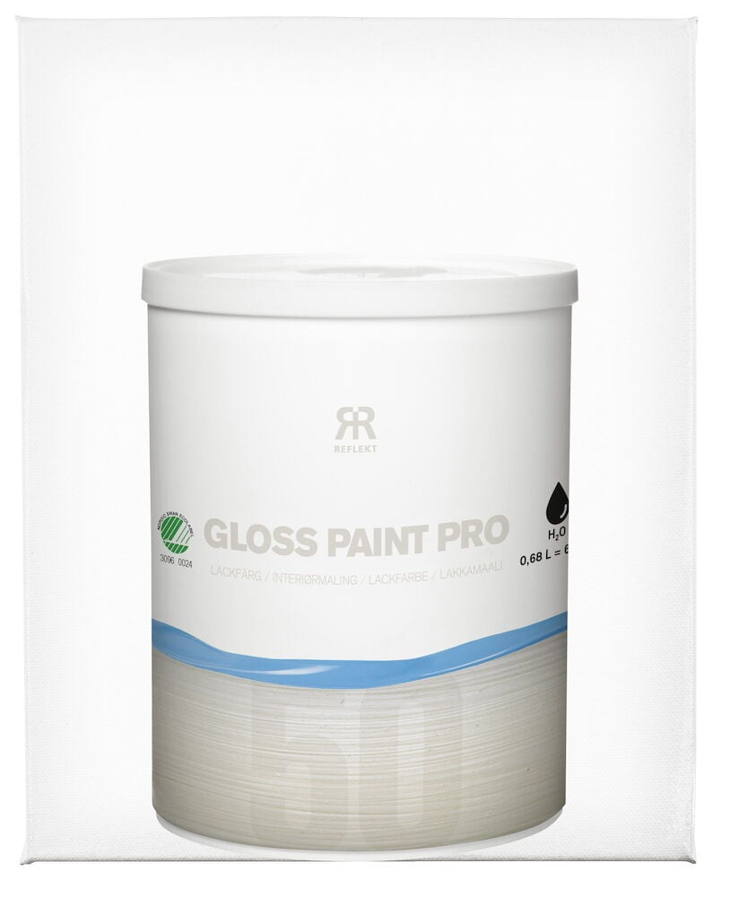 Valkoinen purkki kiiltomaalia, jossa on kansi ja sininen koriste.