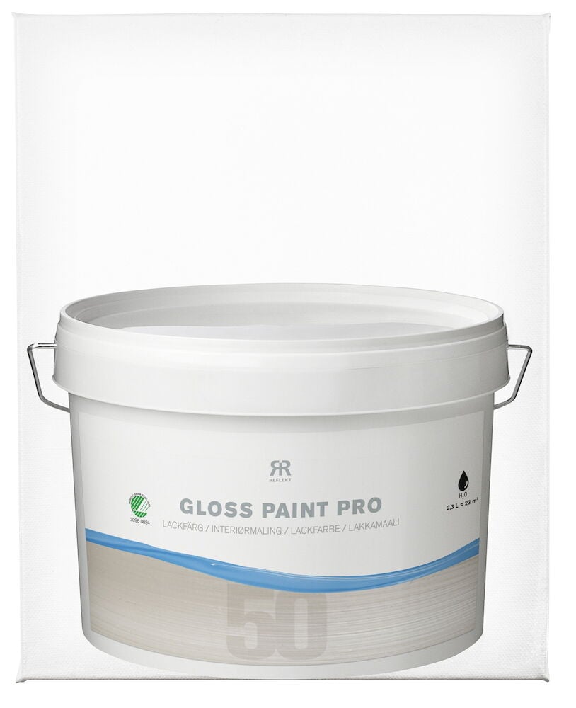 Valkoinen muovipurkki, jossa on kahva ja harmaa etiketti.