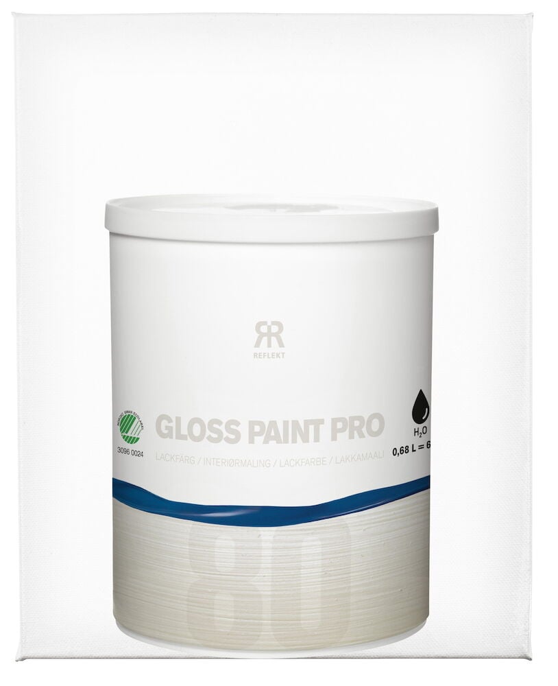 Valkoinen purkki, jossa on kiiltävää vesipohjaista lakkamaalia.