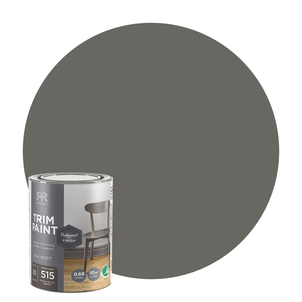 Kiiltomaali Professional finish 0,68 litraa Pencil Grey Silkinhimmeä purkki ja suuri harmaa väriympyrä.