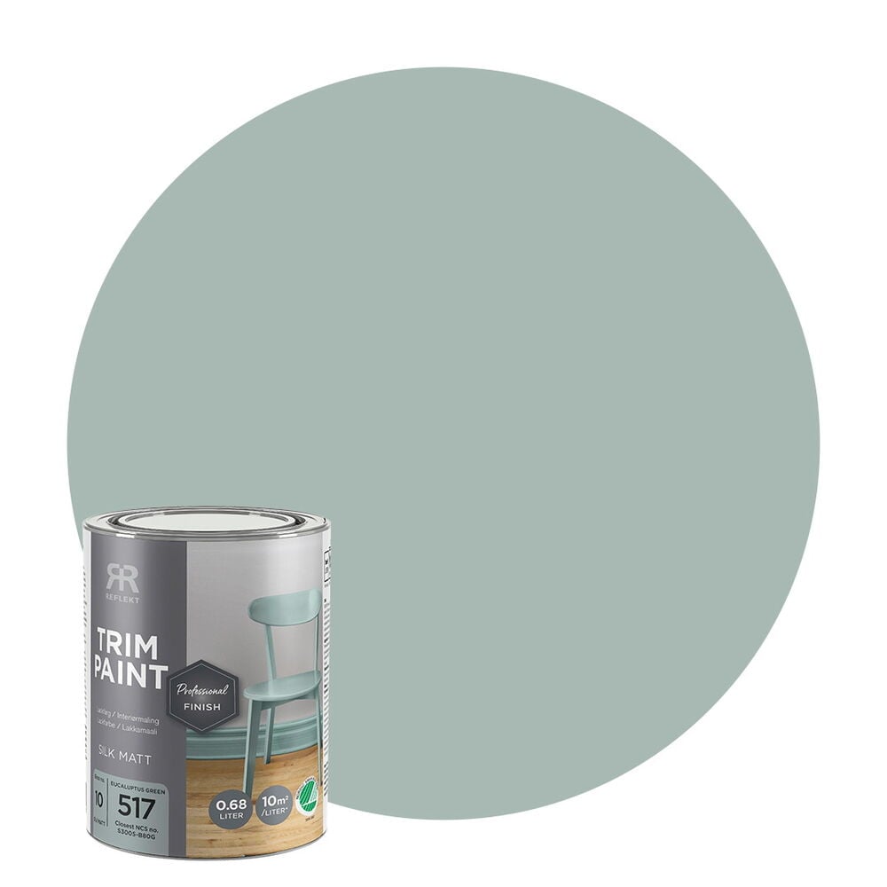 Kiiltomaali Professional finish 0,68 litraa Eucalyptus green Silkinhimmeä purkki ja vastaava vihreä värimalli.