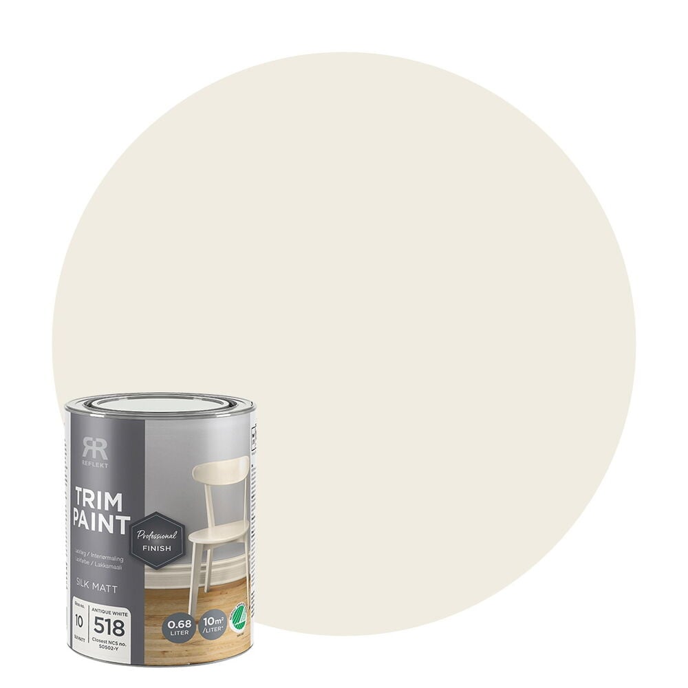 Antique white Silkinhimmeä kiiltomaali, Professional finish, 0,68 litraa, ja soikea värimalli.