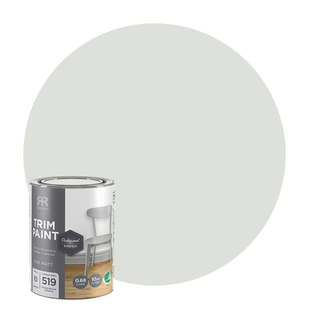 0,68 litraa Silkinhimmeä Cement grey kiiltomaali purkki ja iso yhteensopiva harmaa värimalli.