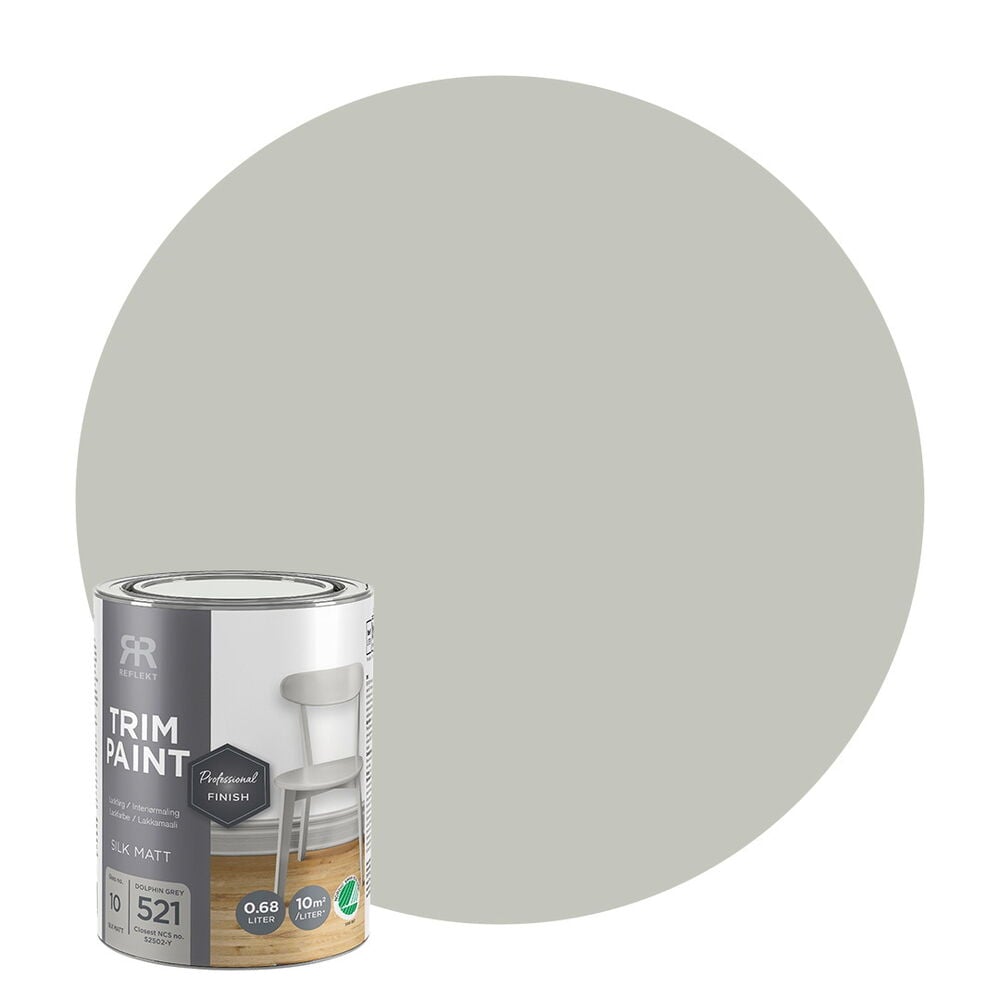 Reflekt kiiltomaali, Dolphin grey, silkinhimmeä, 0,68 litraa tölkki, esitetty isolla harmaalla värinäytteellä.