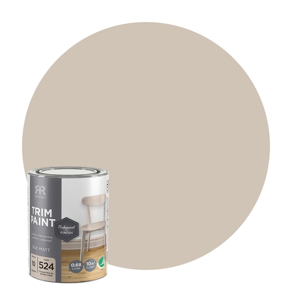 En burk Lackfärg, Professional finish, 0,68 liter, Sand Sidenmatt, med ett stort matchande färgprov.