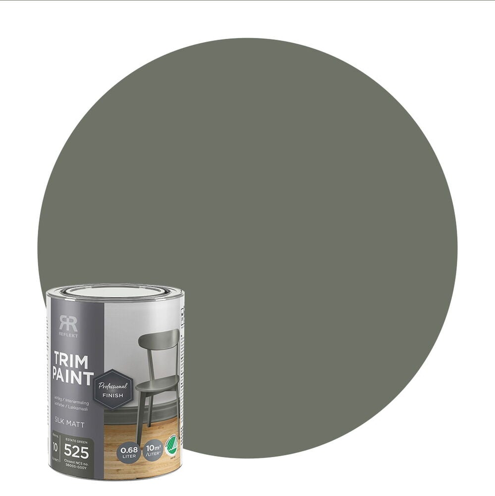 0,68 liters Estate green sidenmatt lackfärg burk bredvid en stor cirkulär grön färgprovet.