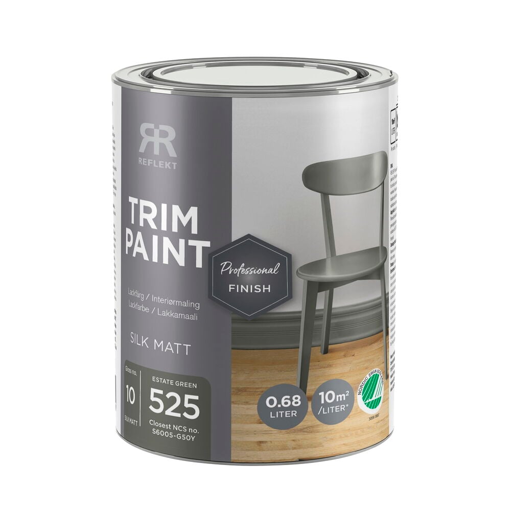 En cylindrisk grå och vit Lackfärg, Professional finish, 0,68 liter Estate green Sidenmatt.