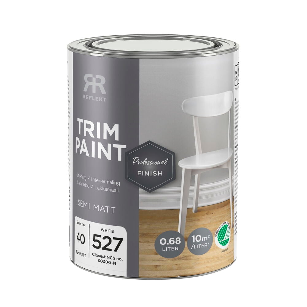 En vit 0,68 liters Reflekt Lackfärg burk med professionell halvblank finish.