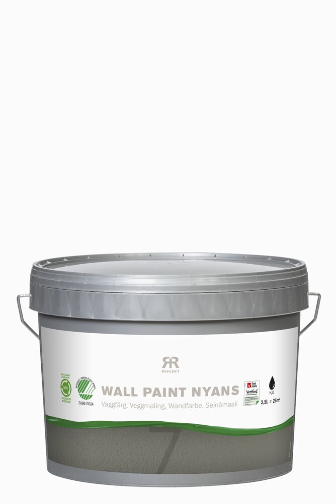 En hvit boks med veggmaling med grått lokk.