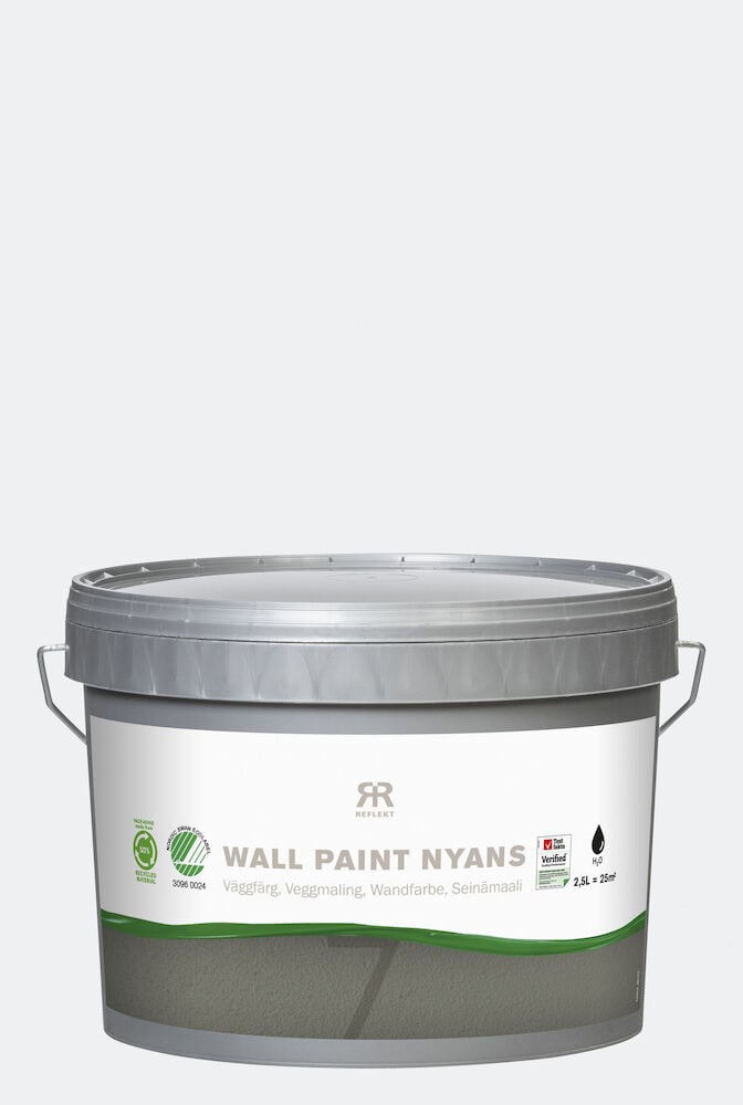 Grå färgburk med lock och miljömärkning.