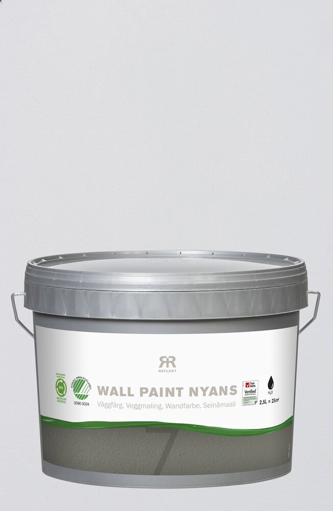 En plastburk väggfärg med grått lock.