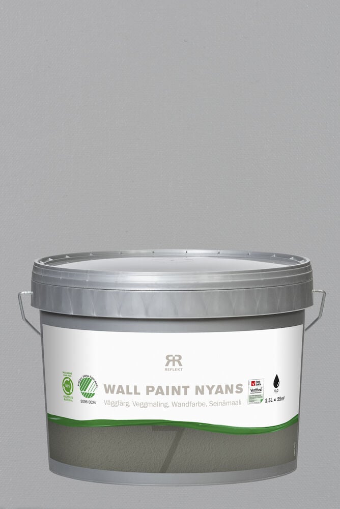 Grå hink väggfärg silkmatte etikett och handtag.