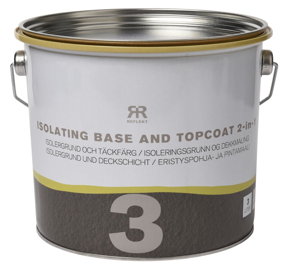 Vit målarburk med handtag och tydlig etikett.