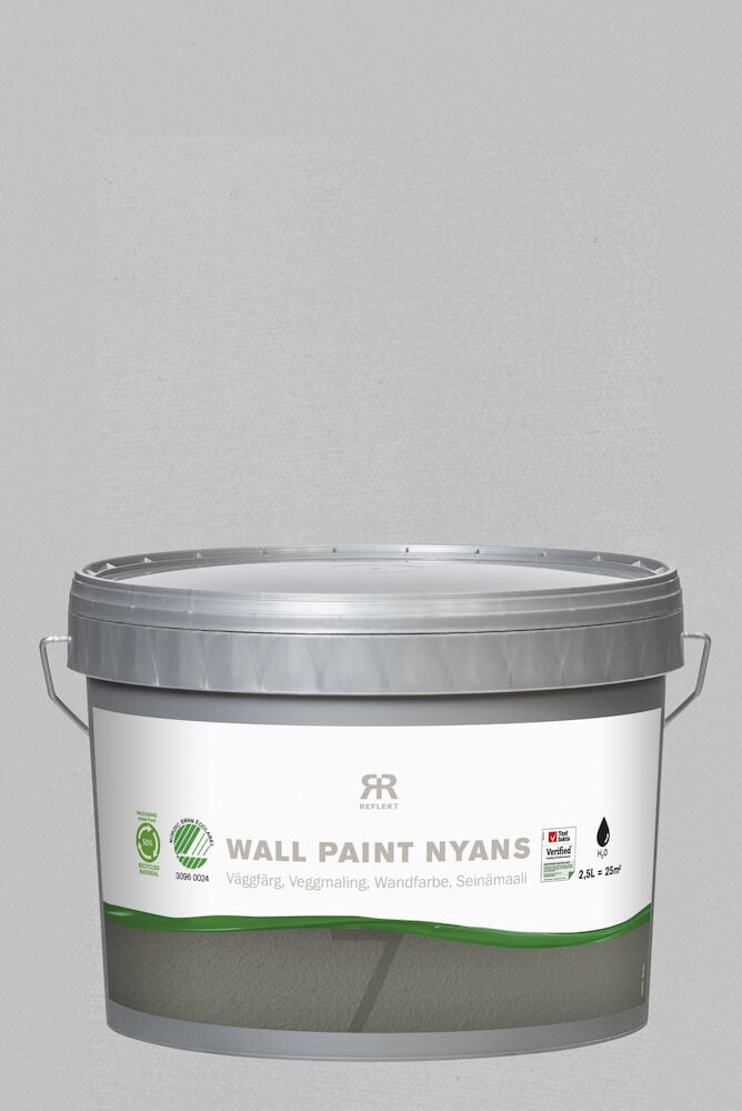 Grå hink väggfärg med silverlock och etikett.