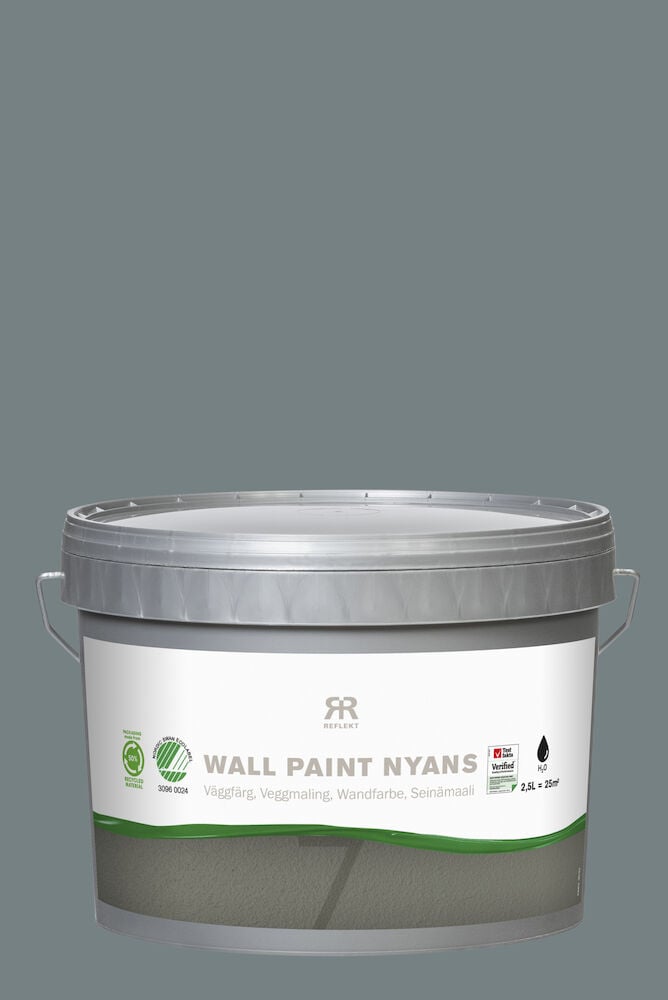 Silverfärgad hink med väggfärg etikett och lock.