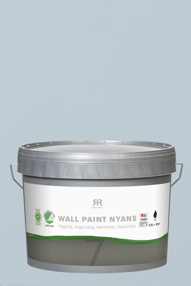 Eimer mit seidenglänzender blauer Wandfarbe und dem Schwanenzeichen.