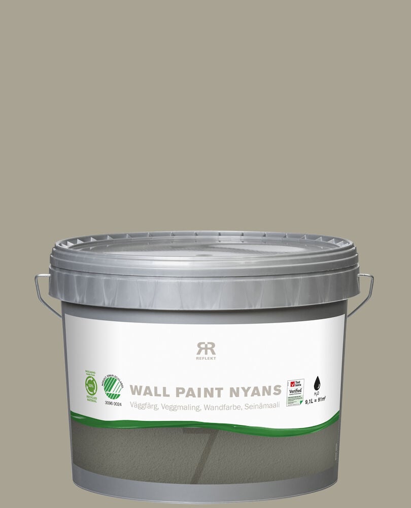 Plastpåse med väggfärg och grå lock.