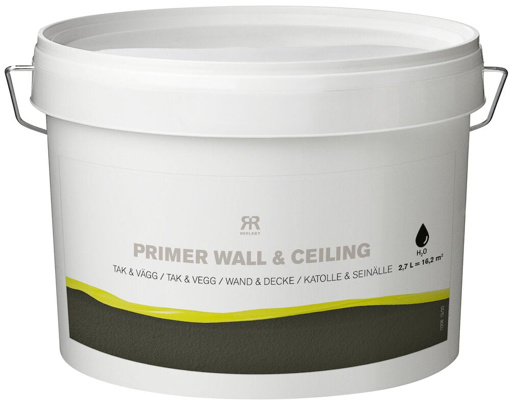 Vit plasthink med handtag och etikett för grundfärg.