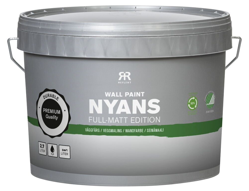 Grå burk med handtag och texten Nyans full matt.