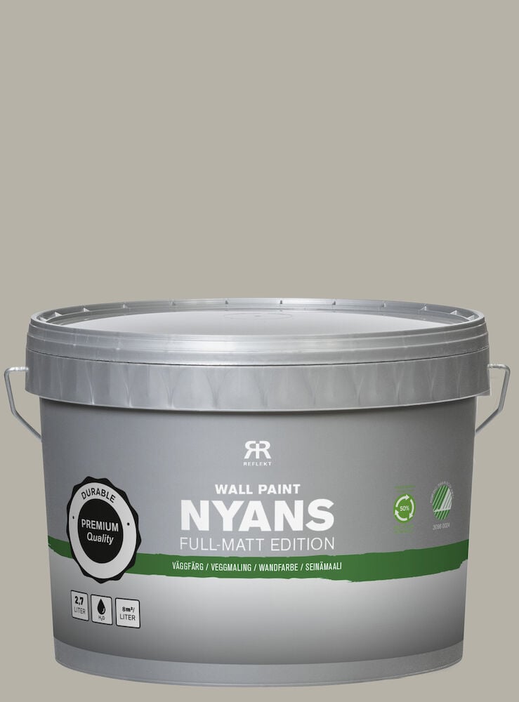 Grå färgburk med lock och gröna detaljer.