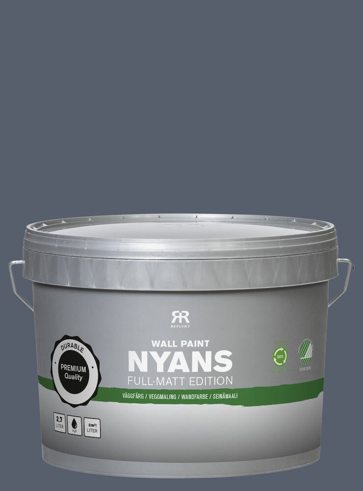 Grå malingsboks med håndtak og tydelig etikett.