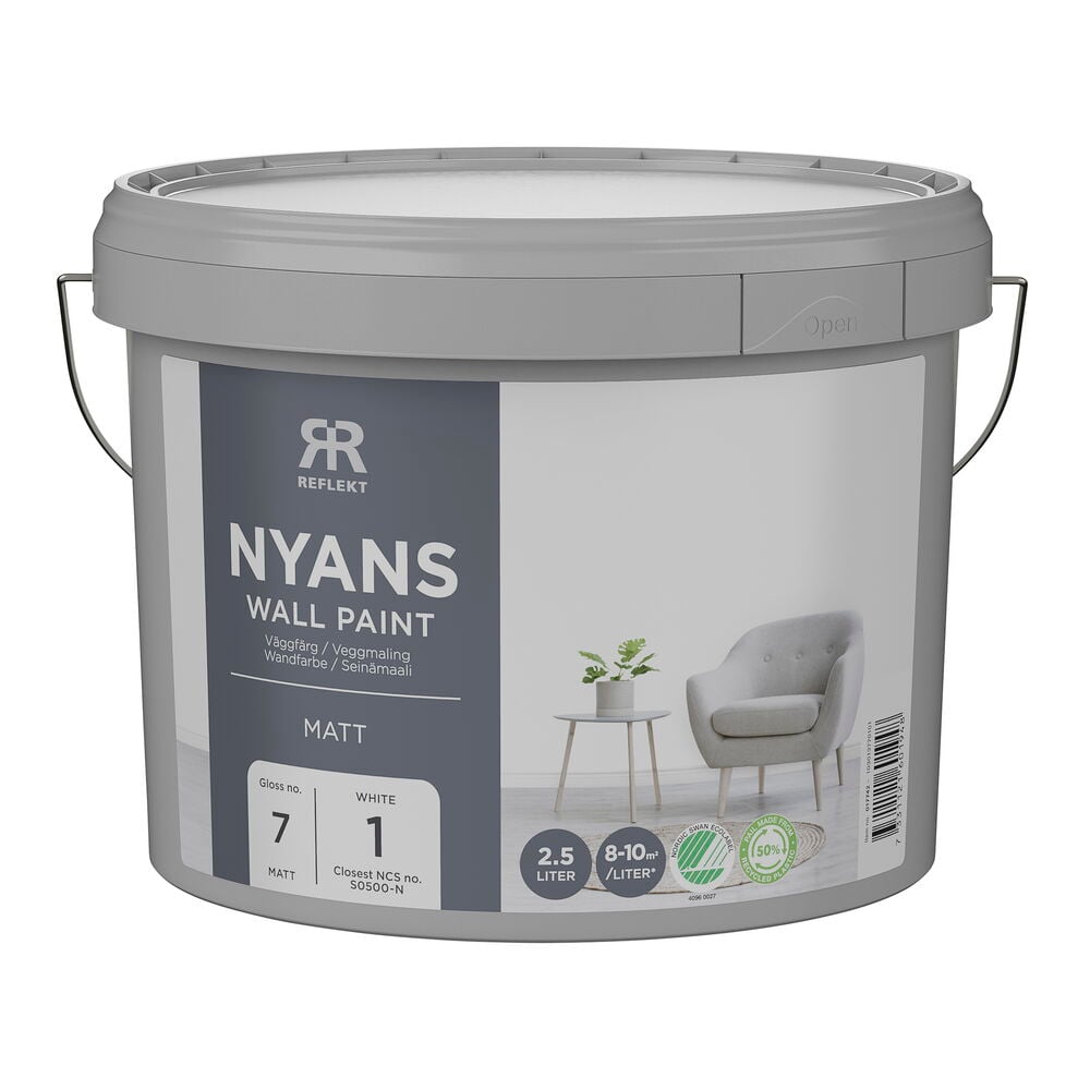 Grå färgburk, Nyans Väggfärg, Vit (S0500-N), 2,5 liter, matt.