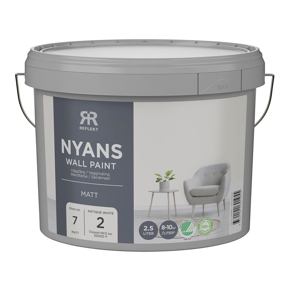 Nyans 2,5 litraa Antique White matta seinämaalipurkki, harmaa metallikahvalla.