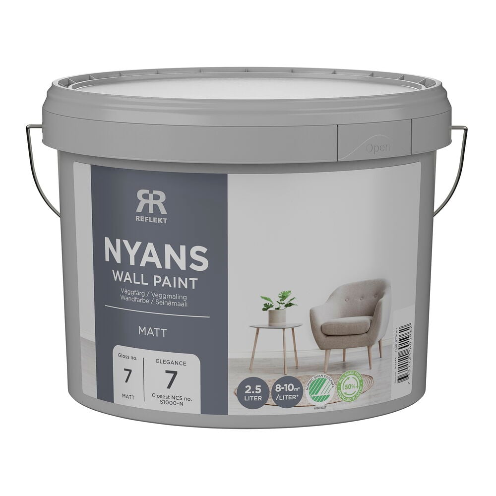 Grå 2,5 liters Nyans Elegance S1000-N matt väggfärgshink med metallhandtag.