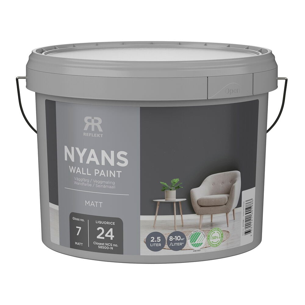 Grå Nyans Väggfärg, 2,5 liter, färgen Liquorice S8500-N, med matt finish.