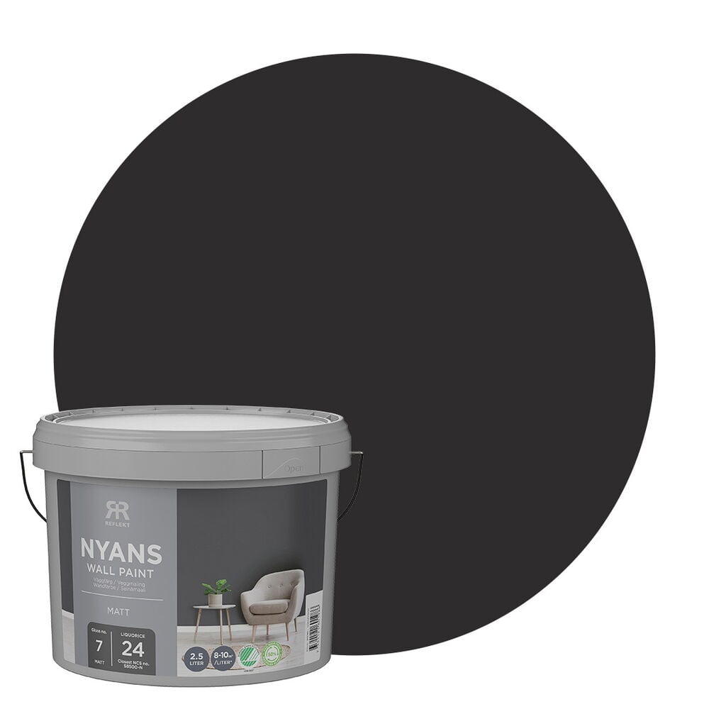 Harmaa Nyans 2,5 litran Liquorice S8500-N seinämaalipurkki ja suuri tummanharmaa pyöreä värimalli takana.