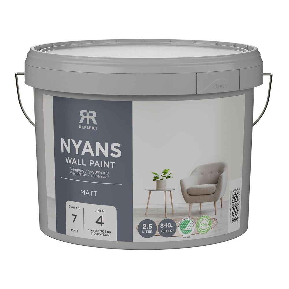 En grå 2,5 liters hink med Väggfärg Nyans i kulören Linen, närmaste NCS S1002-Y50R.