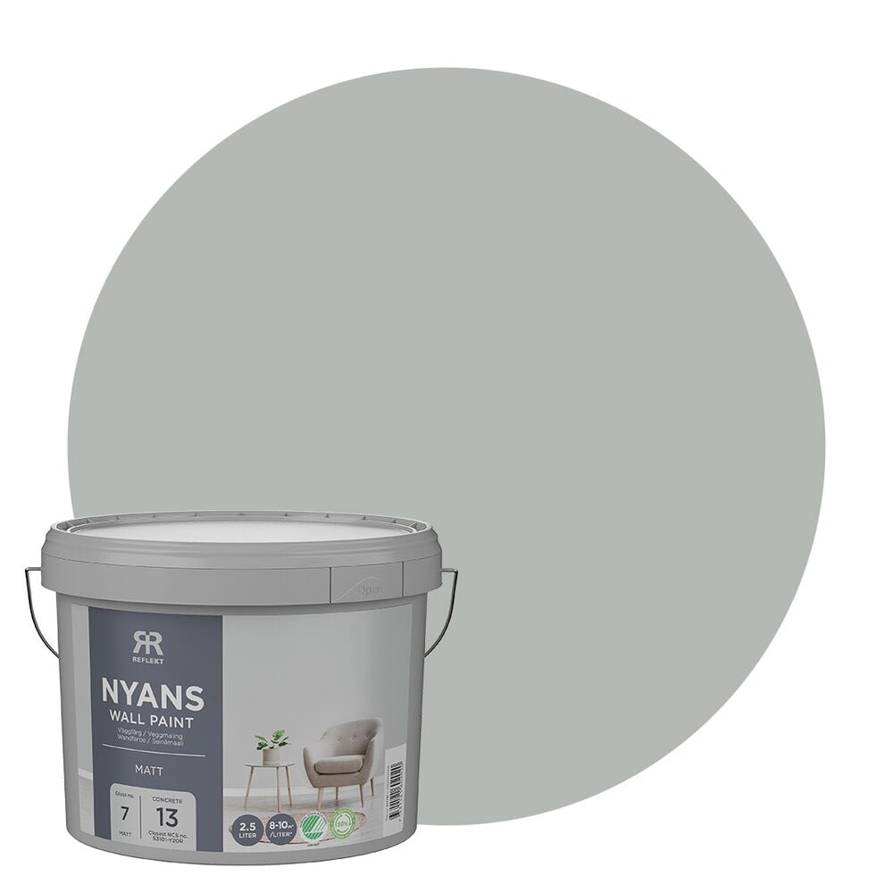 Nyans 2,5 Liter Concrete Wandfarbe in einem grauen Eimer mit einem hellgrauen runden Farbmuster.