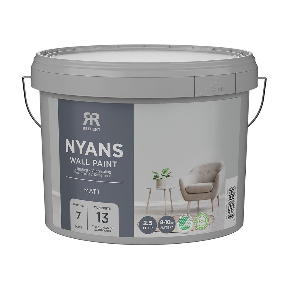 Grauer Eimer Nyans Wandfarbe, 2,5 Liter, Farbe Concrete, nächster NCS-Code S3101-Y20R, matt.