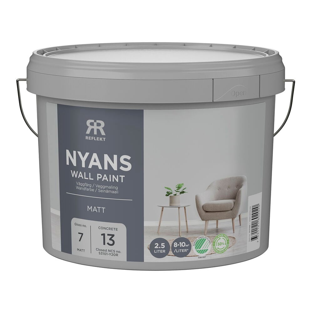 Seinämaali Nyans 2,5 litraa Concrete S3101-Y20R, harmaa mattamaalihinkki valkoisella kannella ja metallikahvalla.