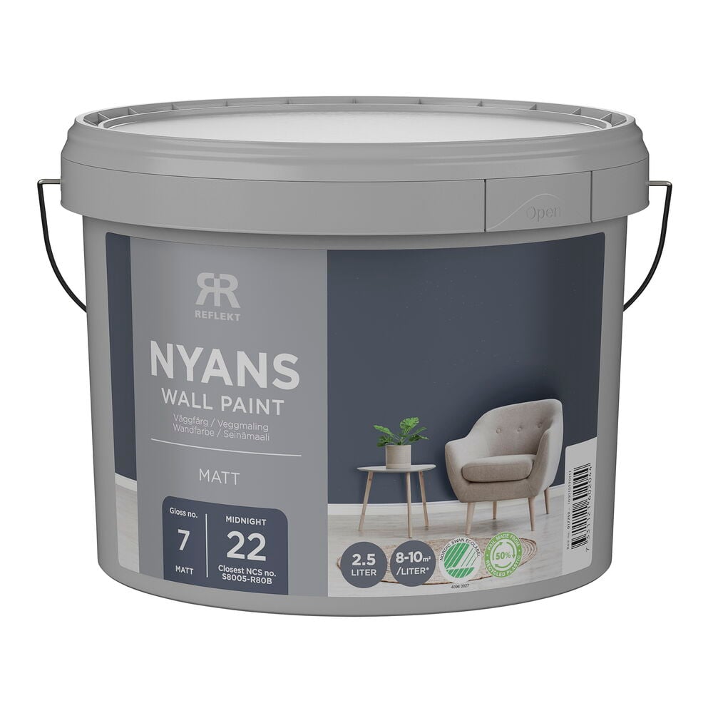 Harmaa Nyans Seinämaali purkki, 2,5 litraa, Midnight (NCS S8005-R80B), matta, edestä.