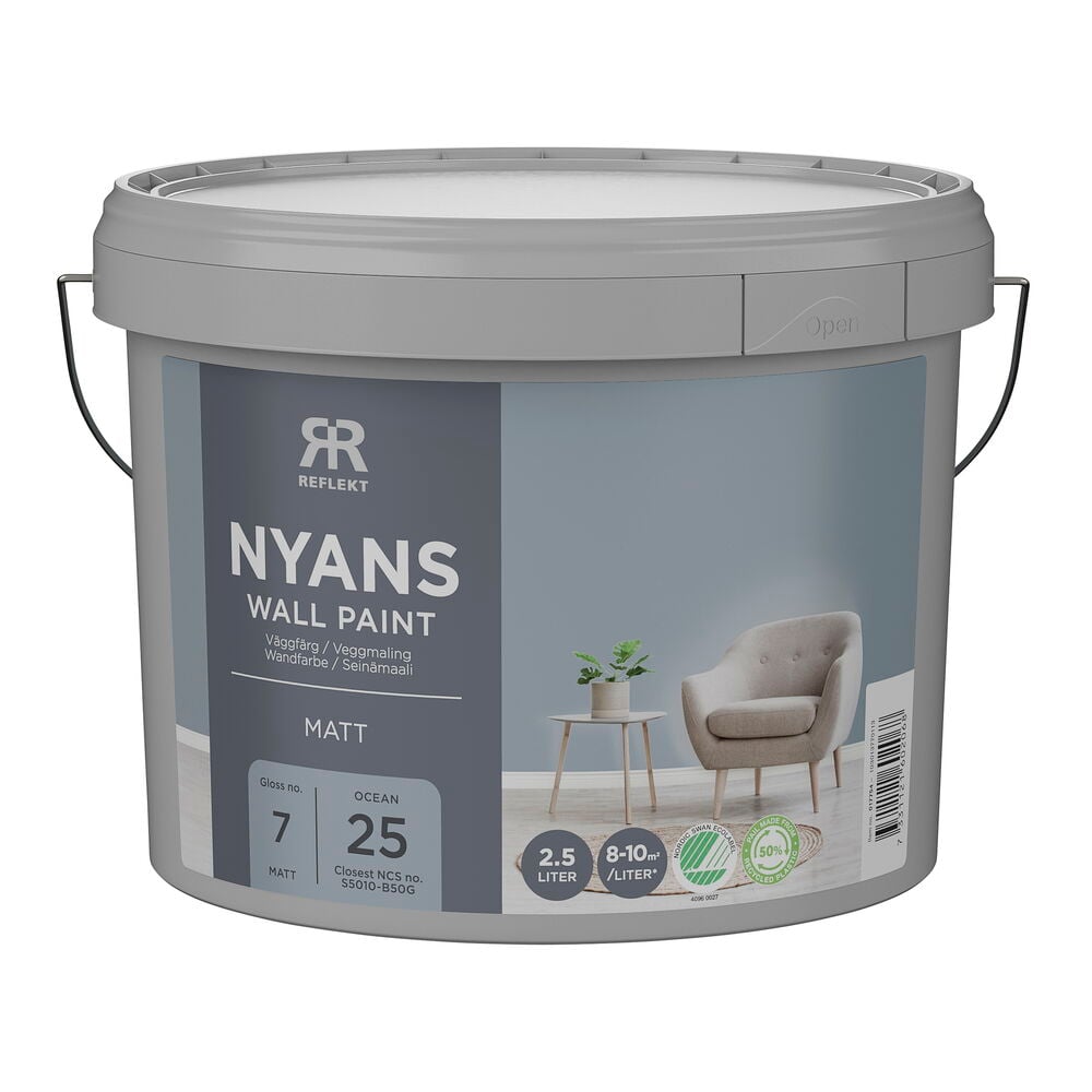 Väggfärg Nyans 2,5 liter, Ocean färg, med närmaste NCS S5010-B50G, presenterad i en grå hink.