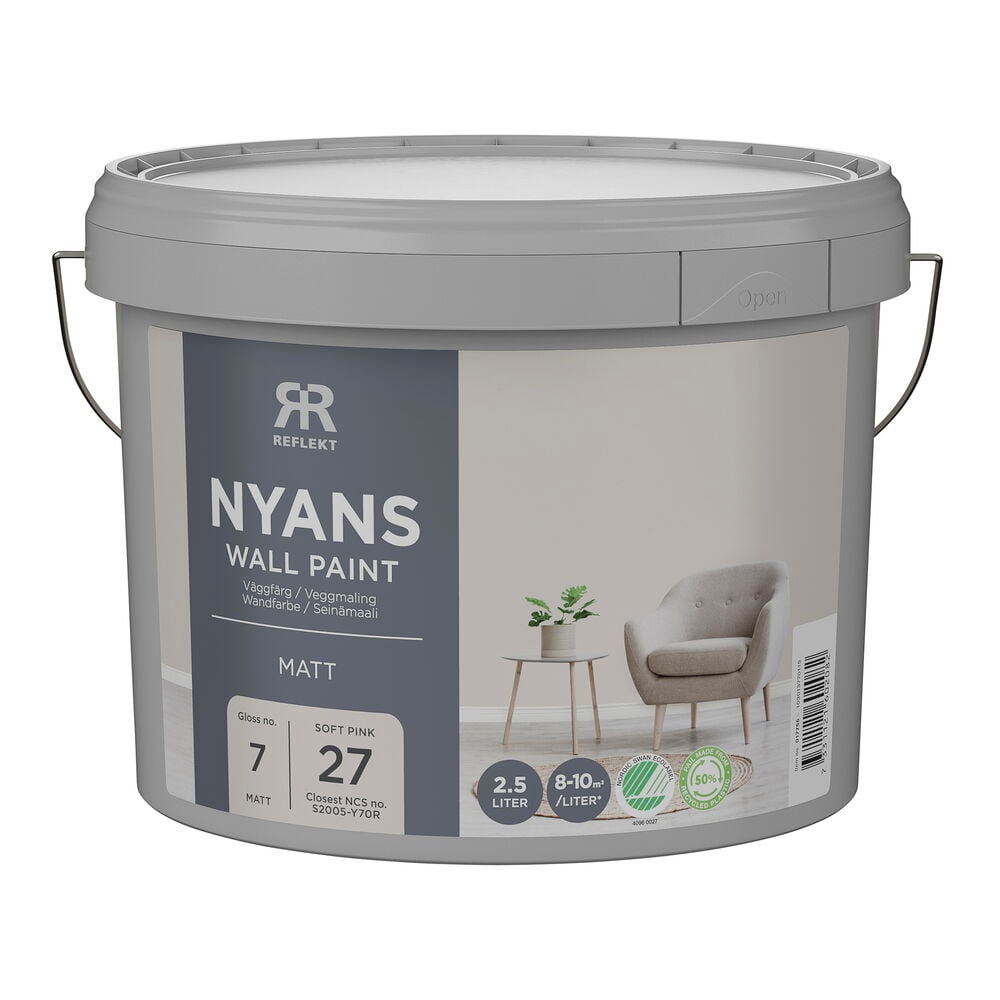 Väggfärg Nyans 2,5 liter Soft pink, NCS-kod S2005-Y70R, i en grå hink.