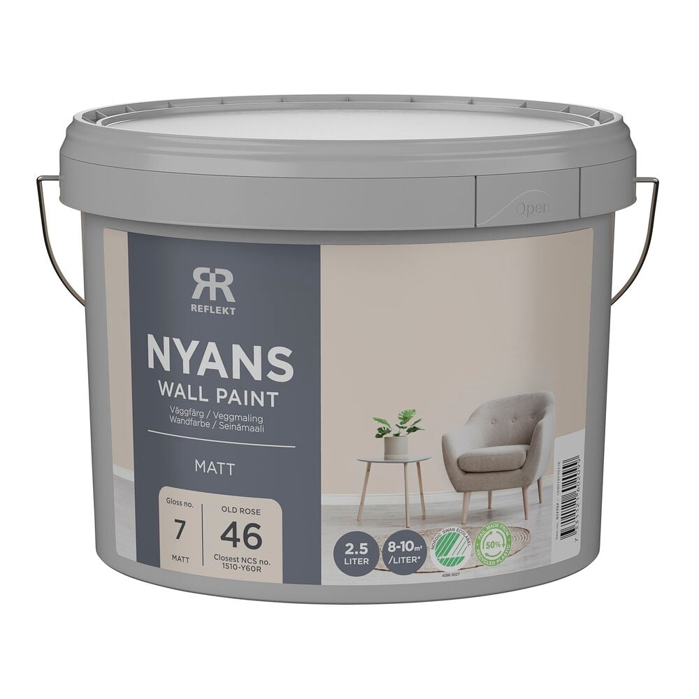 Grå färgburk med Nyans Väggfärg i Old Rose, 2,5 liter, matt yta, med NCS-kod S1510Y60R.