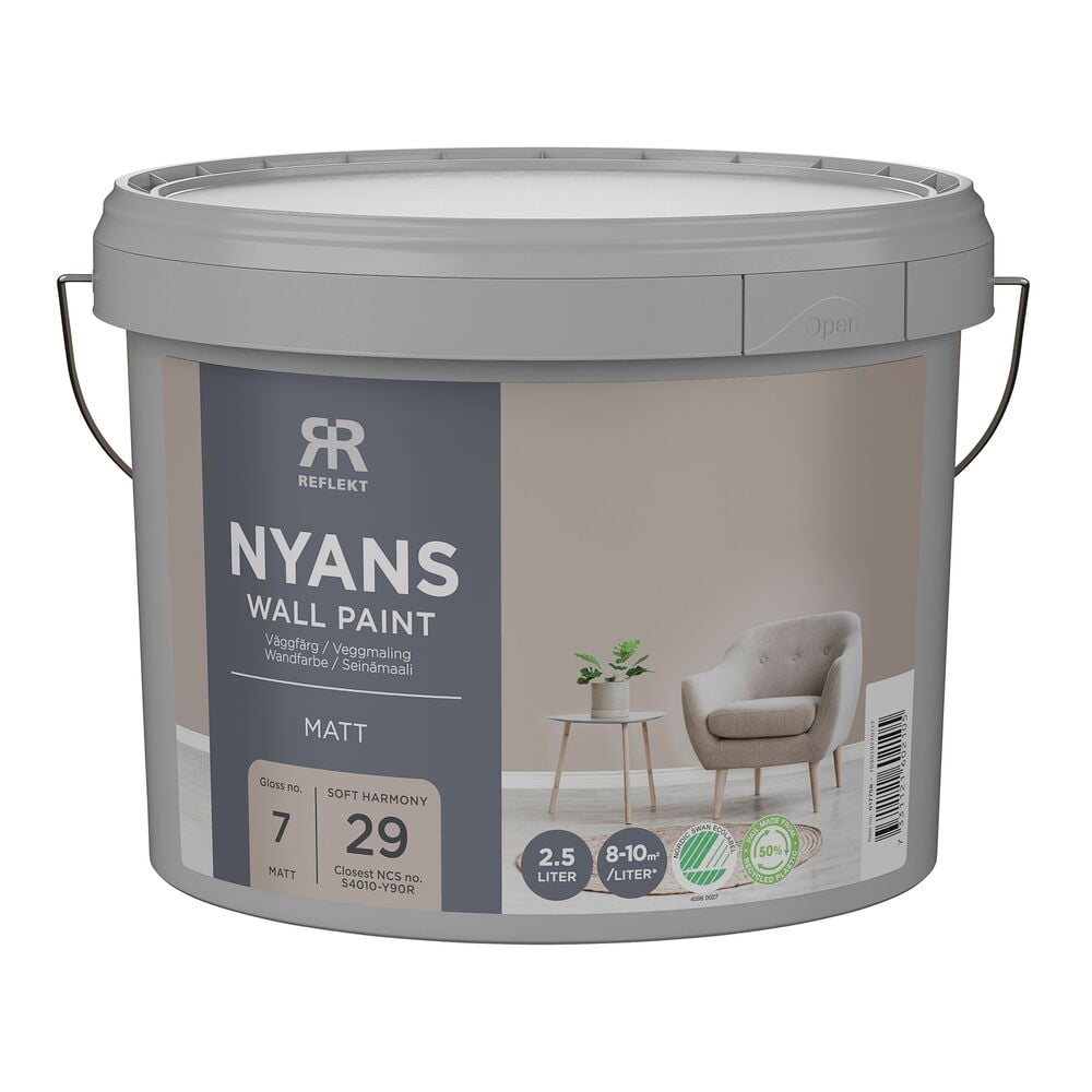 Väggfärg Nyans 2,5 liter Soft harmony i en grå hink med beige etikett, framifrån.