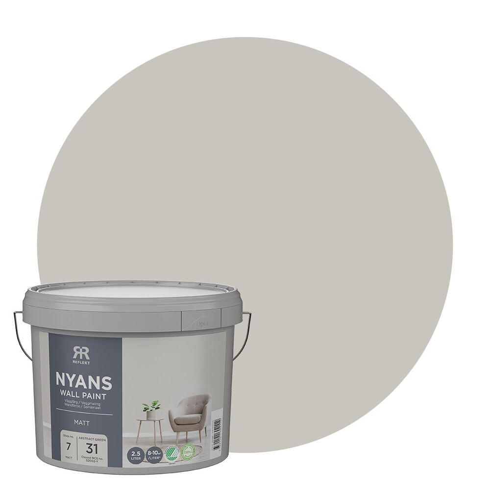 Grå väggfärg Nyans 2,5 liter Abstract green hink (S-2002-Y) mot dess stora ljusgrå färgprov.