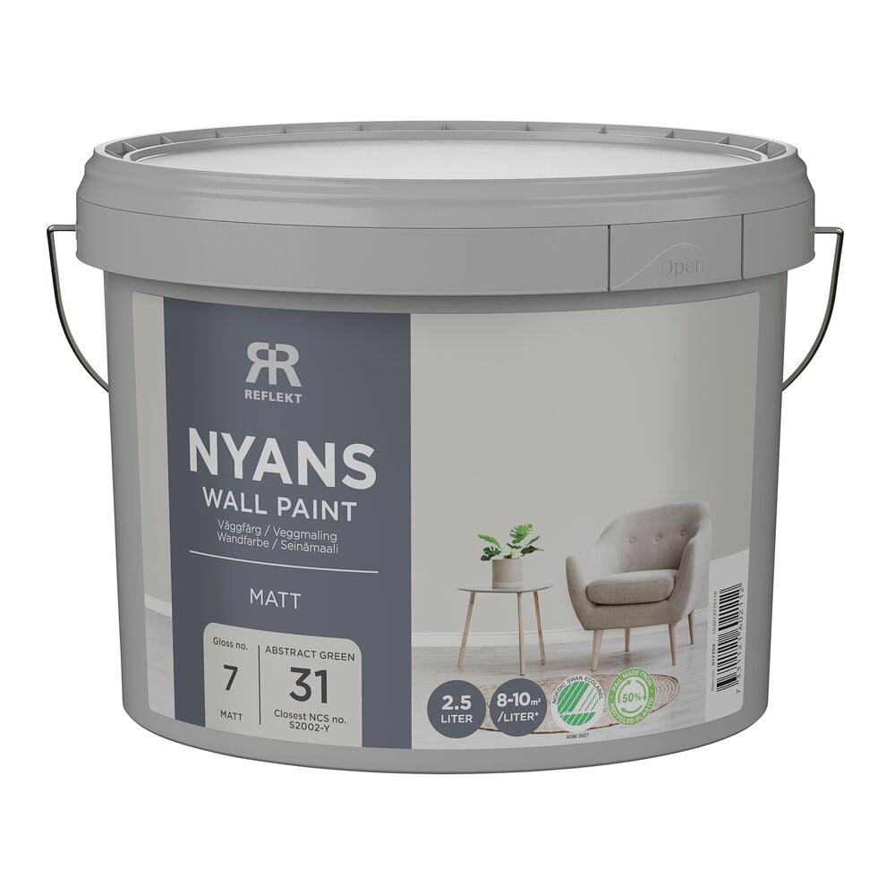 En grå 2,5 liters Nyans Väggfärg i Abstract Green, NCS S-2002-Y, med matt finish.