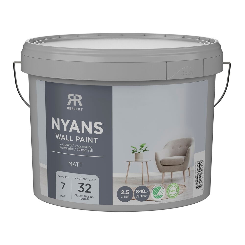 Väggfärg Nyans 2,5 liter Innocent blue, närmaste NCS-kod 1908B, i en grå matt hink.