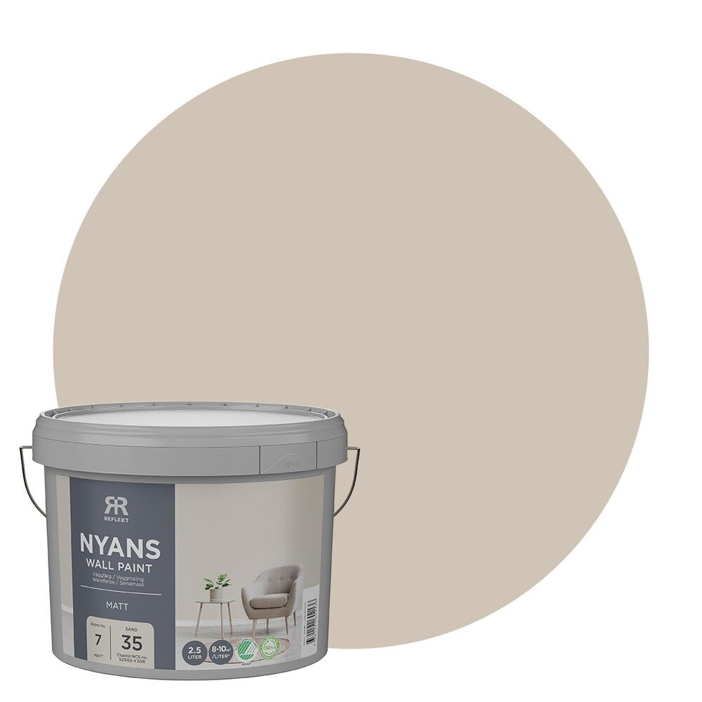 Väggfärg Nyans 2,5 liter Sand i grå burk med ett runt sandbeige färgprov.