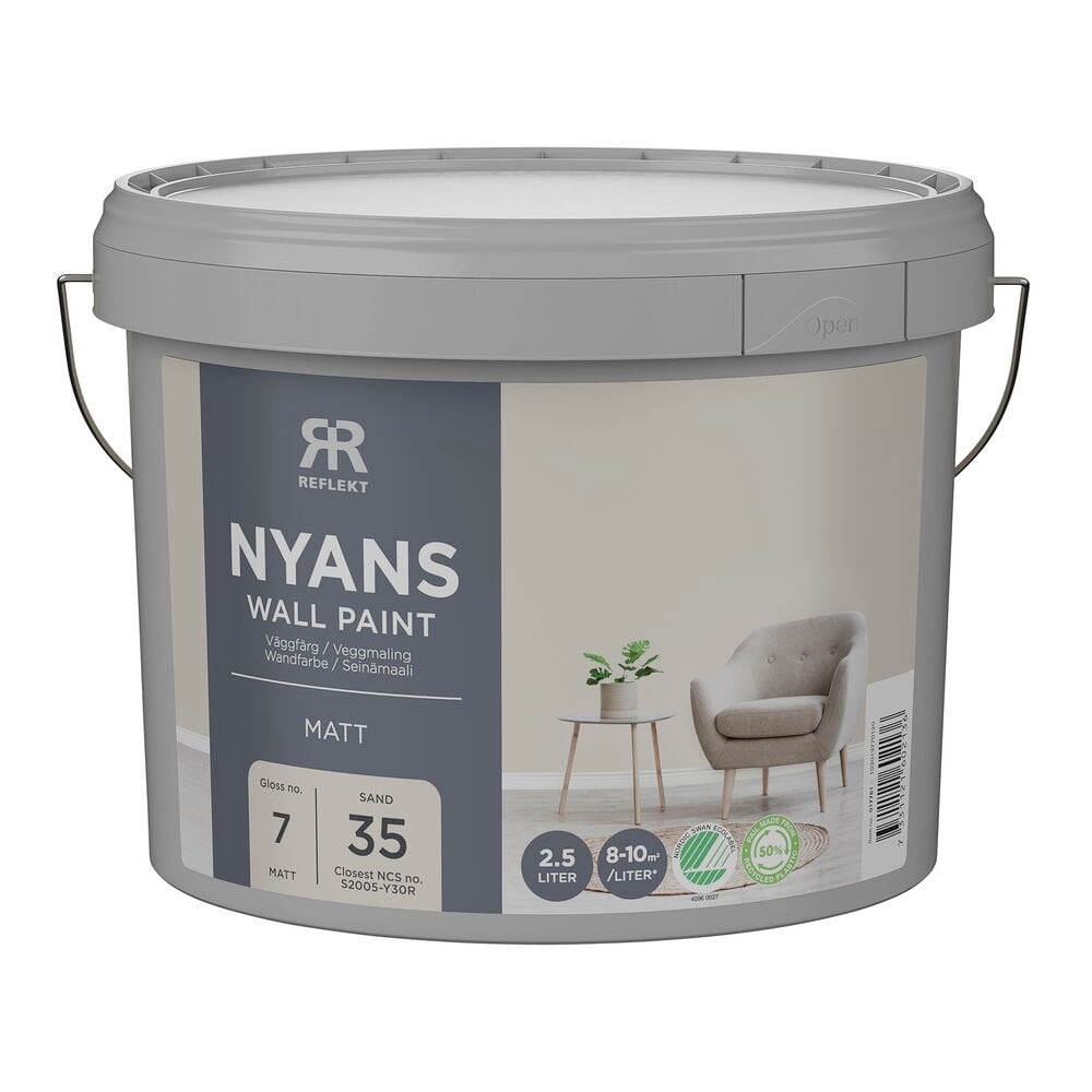 Nyans 2,5 liter Sand väggfärg med NCS S2005-Y30R, matt finish, i en grå plasthink.
